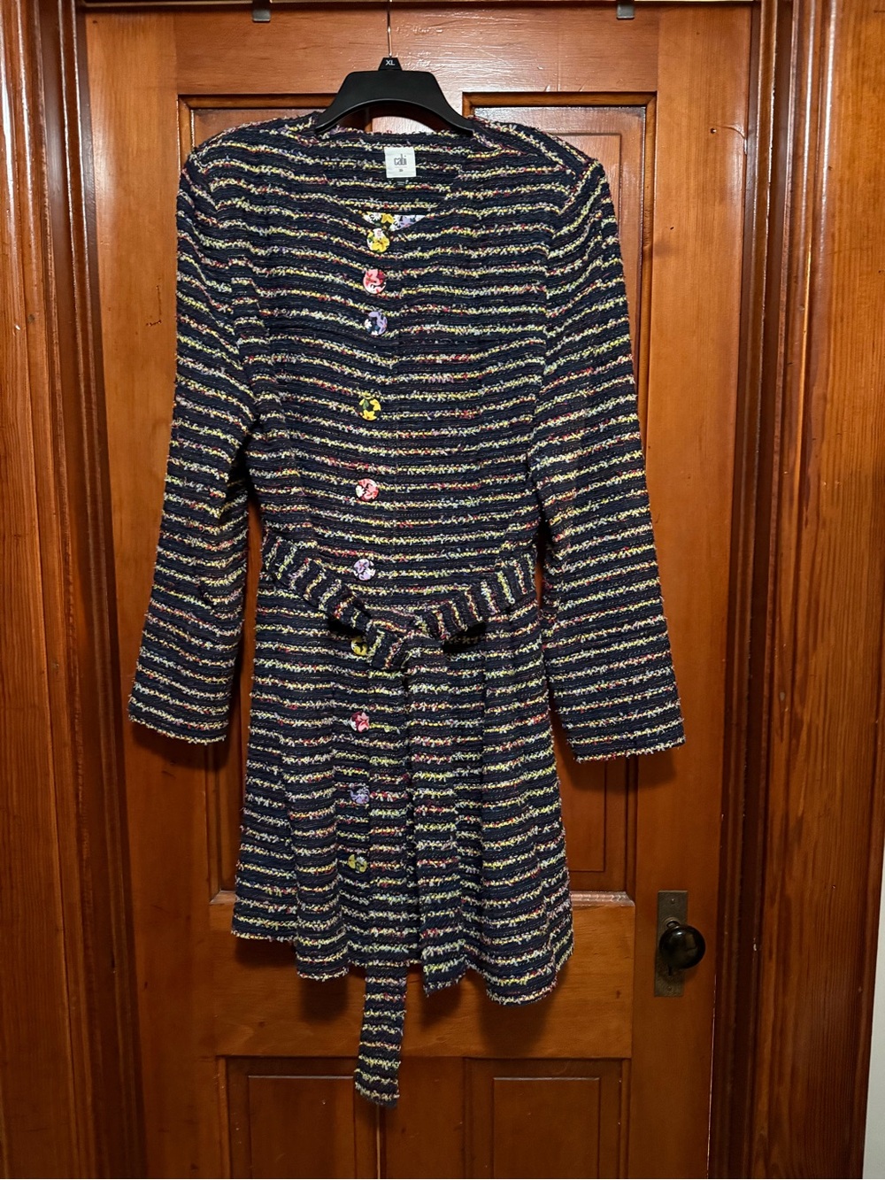 CAbi Headline Belted Navy Multi Striped Long Jacket Topper Size 16